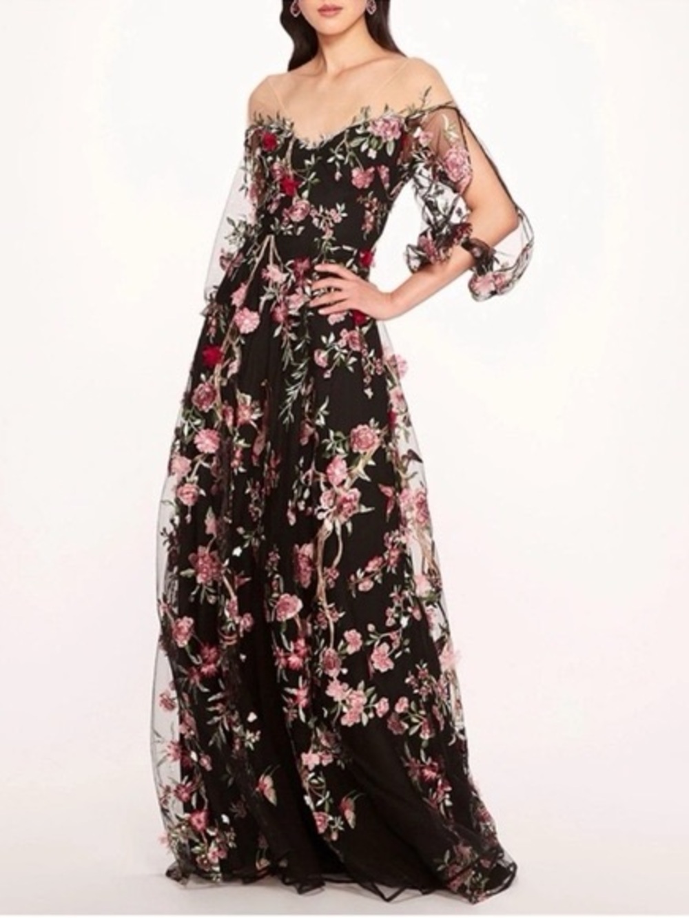 Marchese Notte Black Off-Shoulder Floral Maxi Dress with Pink Embroidery